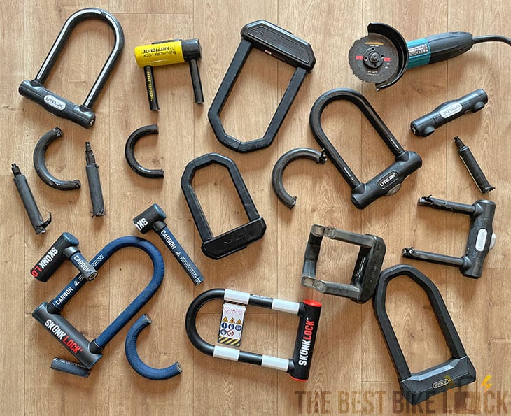 collection of cut up bike locks courtesy of 'the best bike lock' website