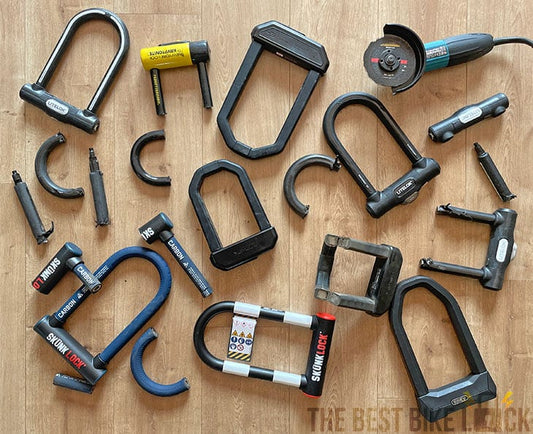 collection of cut up bike locks courtesy of 'the best bike lock' website