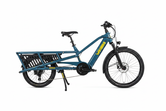 Blue Yuba Spicy Curry V4 e-cargo bike on a while background